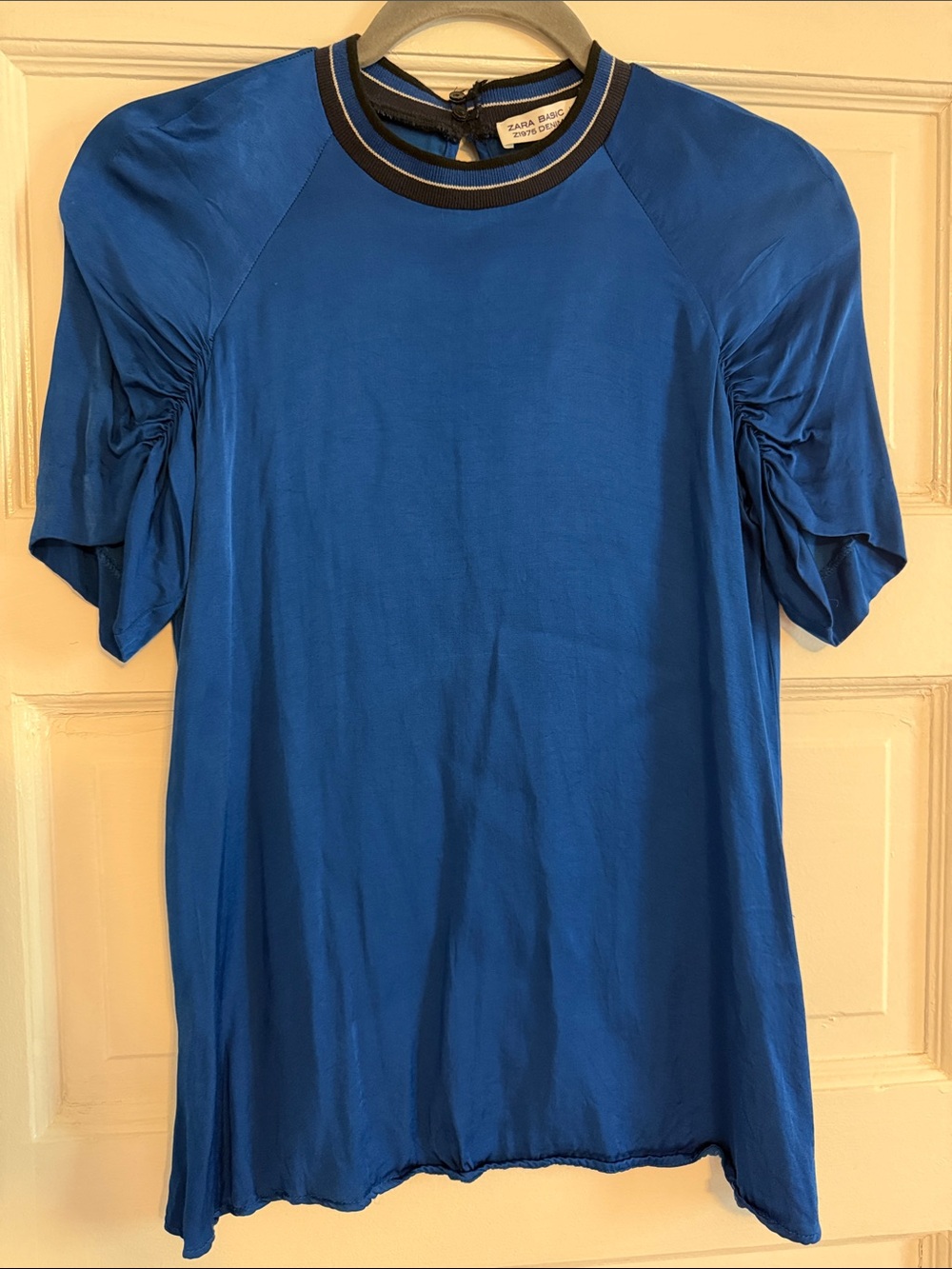 Zara Blue Short-Sleeve Satin Crewneck Top with Striped Trim